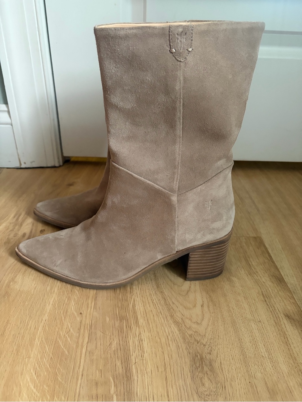 Frye Suede Mid-Calf Block Heel Boots in Taupe